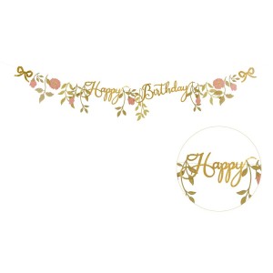 Striscione di buon compleanno con fiori rosa/oro - 1,3 m