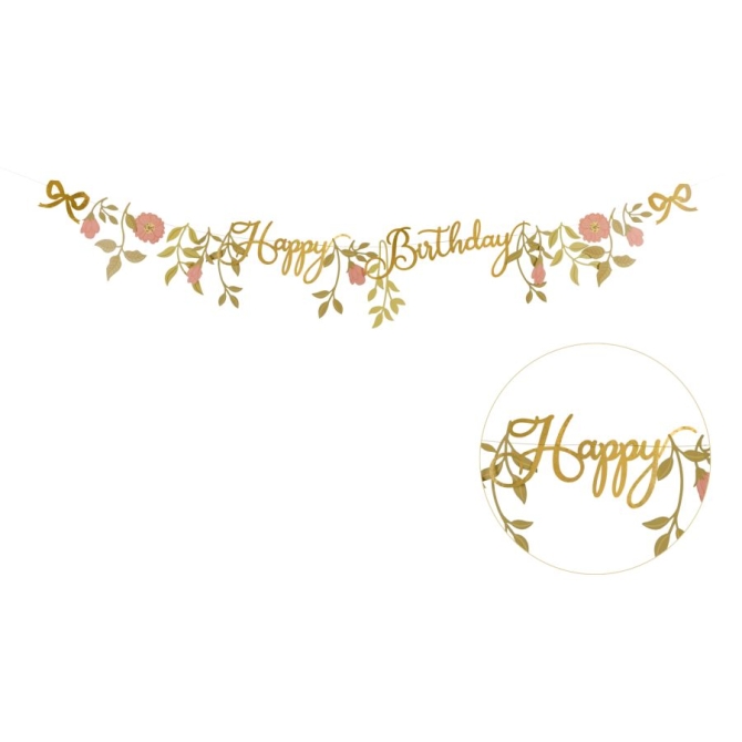 Striscione di buon compleanno con fiori rosa / oro - 1, 3 m 