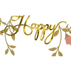 Striscione di buon compleanno con fiori rosa / oro - 1, 3 m. n1