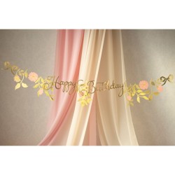 Striscione di buon compleanno con fiori rosa / oro - 1, 3 m. n2