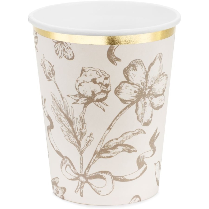 6 tazze floreali beige - dettagli in oro lucido