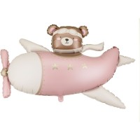 Palloncino gigante rosa in lamina di elio a forma di aereo con orsacchiotto � 94 cm