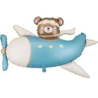 Palloncino gigante in lamina blu a forma di aereo con orsacchiotto, elio, 94 cm