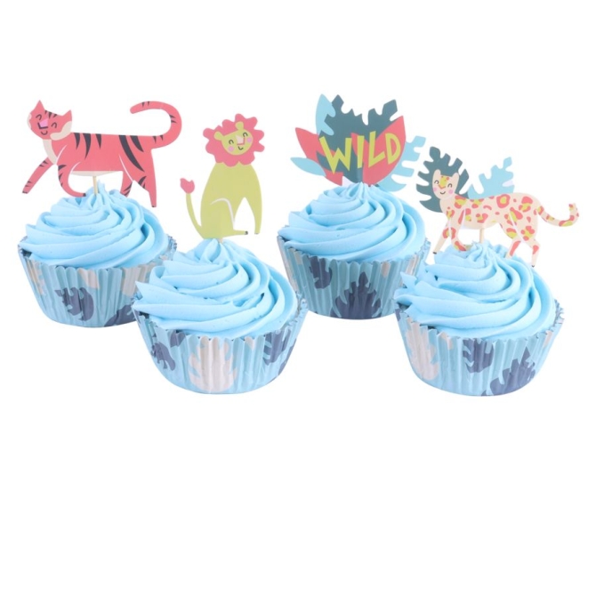 Kit di 24 contenitori e decorazioni per cupcake - Animali safari 