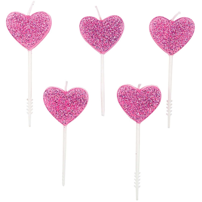 5 mini candele cuore rosa glitter 