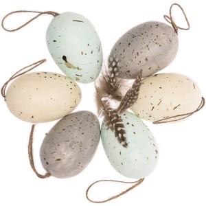 6 uova di Pasqua da appendere (6 cm) - Pastello/oro e piume
