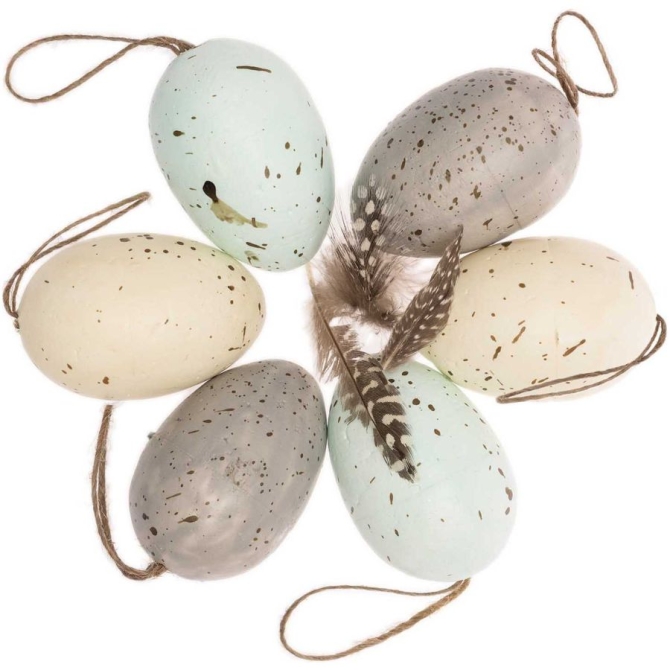 6 uova di Pasqua da appendere (6 cm) - Pastello / oro e piume 