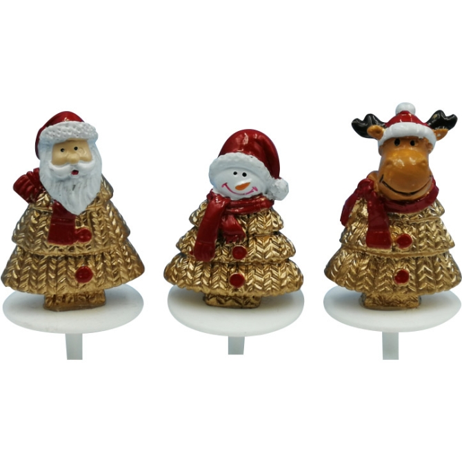 3 Stecchini Decorativi con Pupazzo di Neve / Babbo Natale / Renna Oro / Rosso (3, 5 cm) - Poliresina 