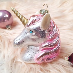 Addobbo Natalizio Testa di Unicorno Rosa (11 cm) - Vetro. n1