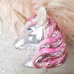 Addobbo Natalizio Testa di Unicorno Rosa (11 cm) - Vetro. n2