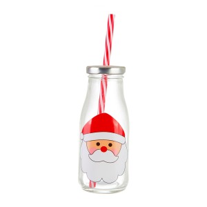Bottiglia di vetro + coperchio + cannuccia Babbo Natale