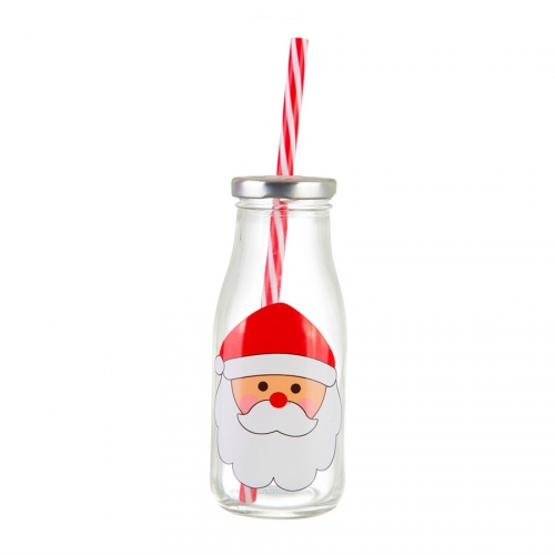 Bottiglia di vetro + coperchio + cannuccia Babbo Natale 