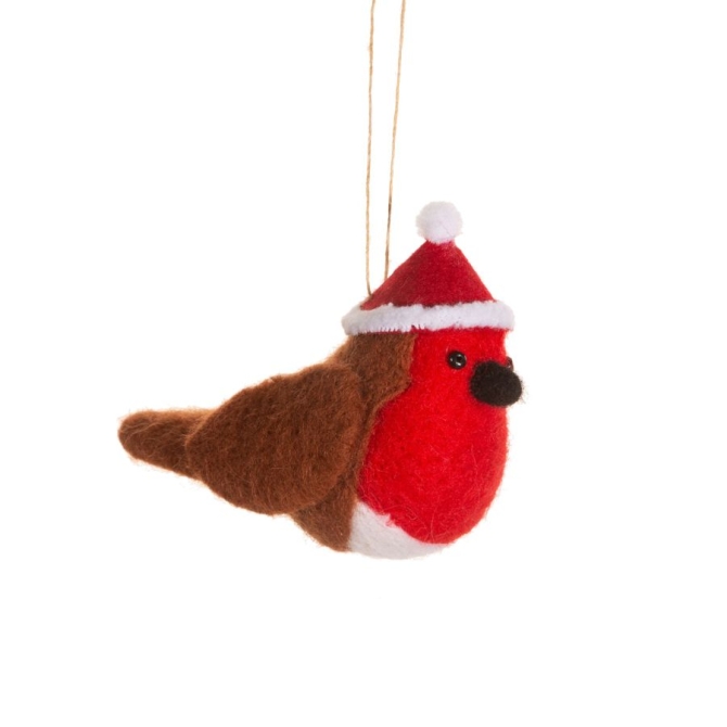 Ciondolo Pettirosso con cappello di Natale (11 cm) - Feltro 