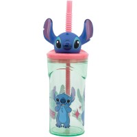Bicchiere di plastica da 360 ml con cannuccia e figura 3D - Stitch