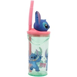 Bicchiere di plastica da 360 ml con cannuccia e figura 3D - Stitch. n1