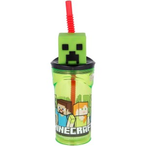 Bicchiere di plastica da 360 ml con cannuccia e personaggio 3D - Minecraft