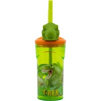 Bicchiere di plastica da 360 ml con cannuccia e figura 3D - Dino T-Rex