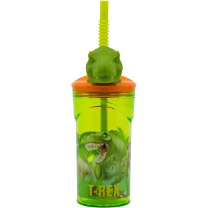 Bicchiere di plastica da 360 ml con cannuccia e figura 3D - Dino T-Rex