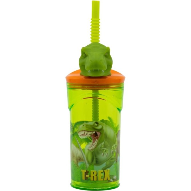 Bicchiere di plastica da 360 ml con cannuccia e figura 3D - Dino T-Rex 
