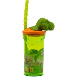 Bicchiere di plastica da 360 ml con cannuccia e figura 3D - Dino T-Rex. n1