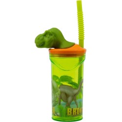 Bicchiere di plastica da 360 ml con cannuccia e figura 3D - Dino T-Rex. n2