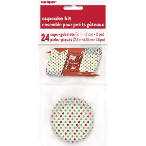 Kit 24 Pirottini e decorazioni per cupcake a pois rossi/verdi