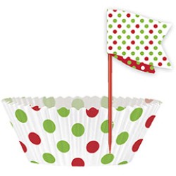 Kit 24 Pirottini e decorazioni per cupcake a pois rossi / verdi. n1
