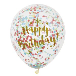 6 Palloncini Happy Birthday oro e coriandoli multicolori