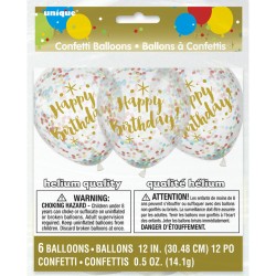 6 Palloncini Happy Birthday oro e coriandoli multicolori. n1
