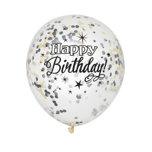 6 Palloncini Happy Birthday nero e coriandoli oro/argento