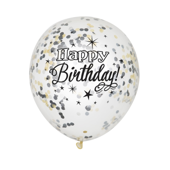 6 Palloncini Happy Birthday nero e coriandoli oro / argento 