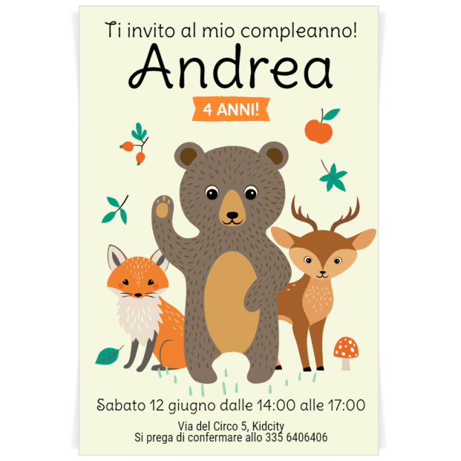 Invito da personalizzare - Animali della Foresta giallo 